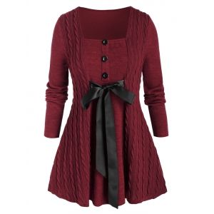 

Plus Size Cable Knit Bowknot A Line Buttoned Sweater, Red wine