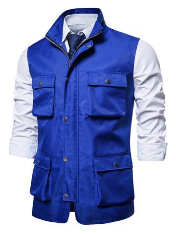 Pockets Plain Stand Collar Vest - BLUE - 2XL