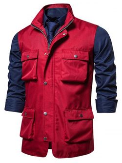 Pockets Plain Stand Collar Vest - RED WINE - M