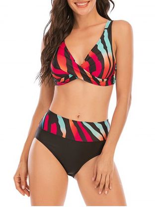 Twisted Colorful Striped Plunging Bikini Swimwear