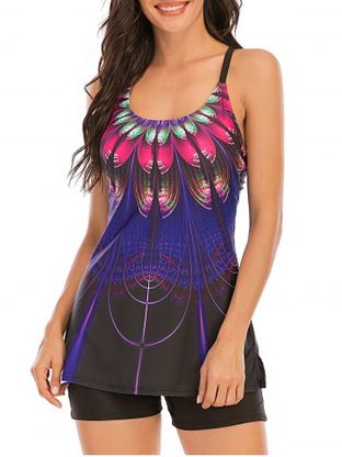 Ethnic Feather Print Backless Crisscross Tankini Swimwear