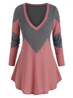 Plus Size Bicolor Two Tone Plunging Tunic Sweater - MULTI-A - L