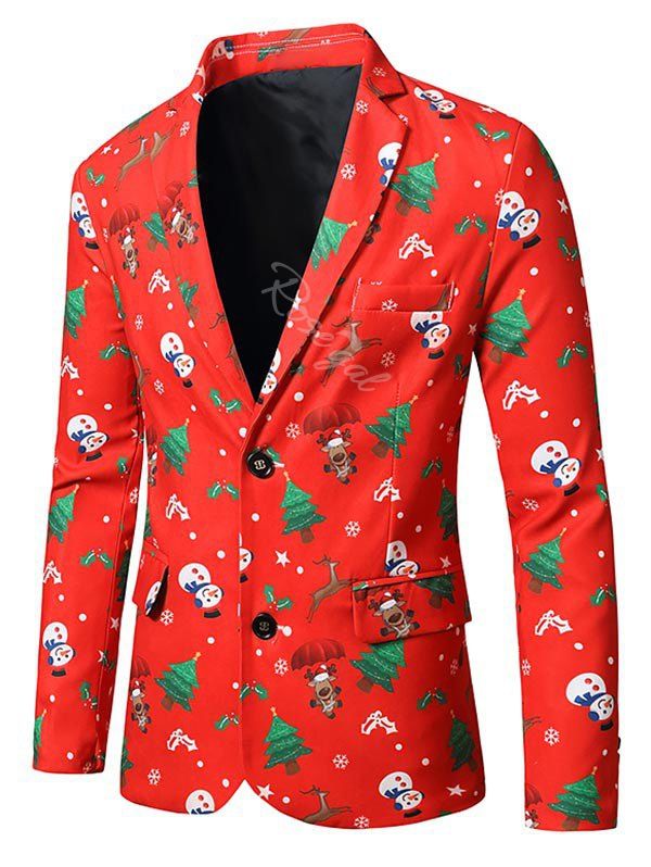 

Christmas Tree Snowman Elk Print Lapel Back Slit Blazer, Red