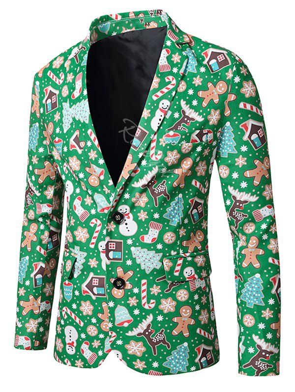 

Christmas Tree Snowflake Snowman Print Lapel Side Slit Blazer, Multi