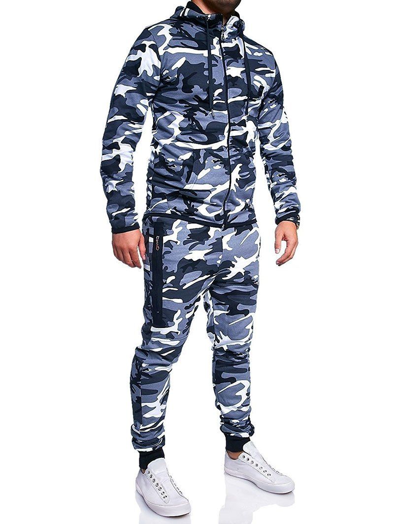 

Camouflage Print Jacket And Pants Set, Blue gray