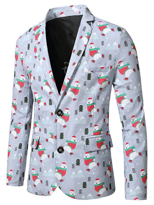 

Christmas Bear Trees Print Lapel Side Slit Blazer, Multi