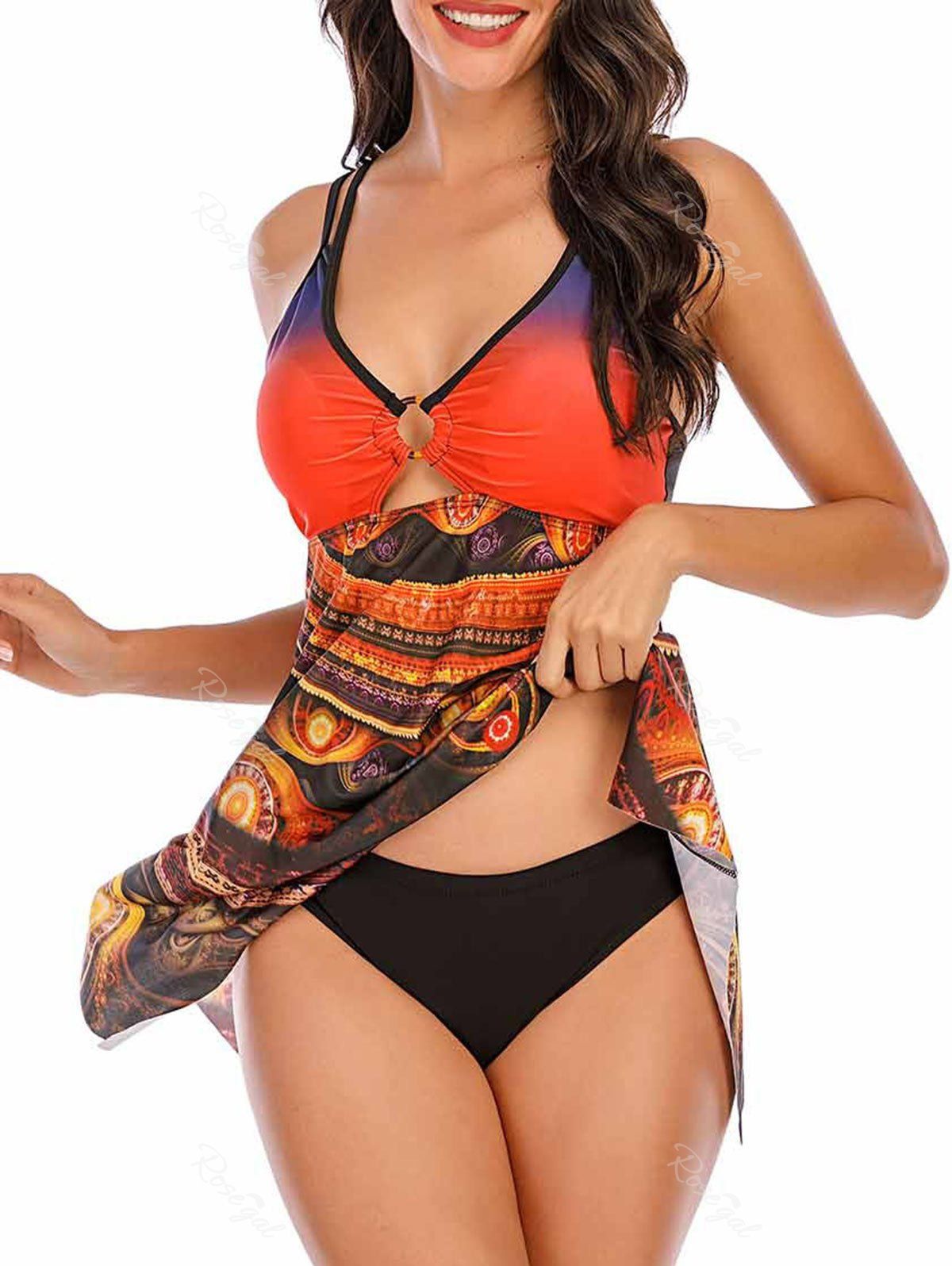 

Bohemian Ombre O Ring Plunging Tankini Swimwear, Red