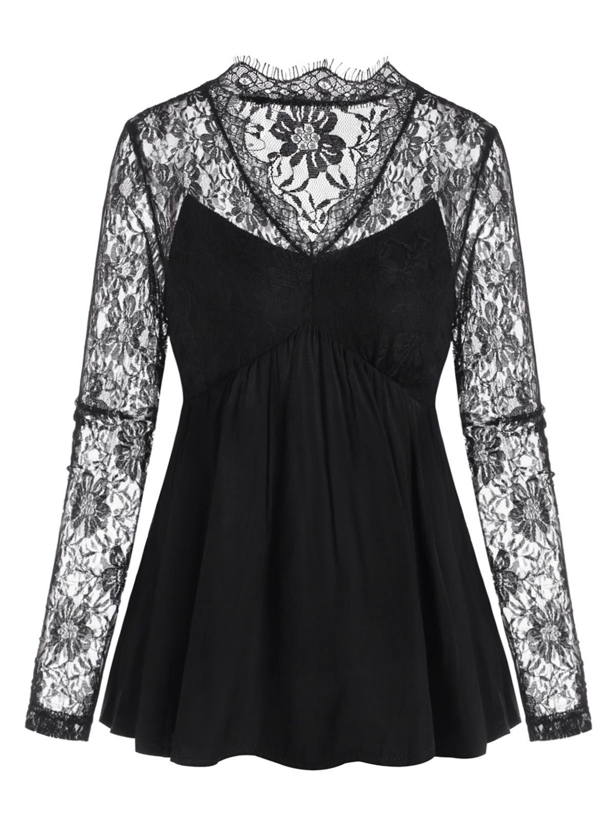

V-neck Lace Panel Long Sleeve Blouse, Black