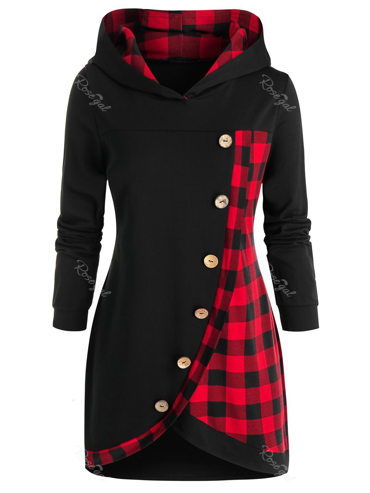 

Plus Size Tulip Hem Plaid Hoodie, Black