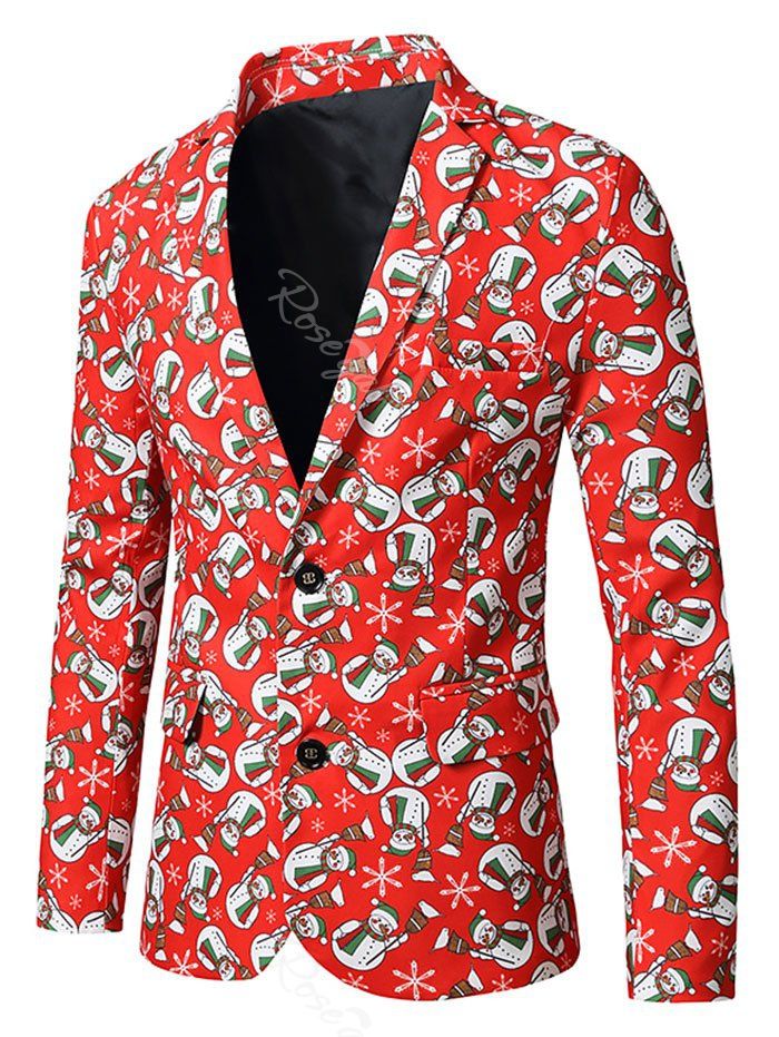 

Christmas Snowman Birds Print Lapel Side Slit Blazer, Multi