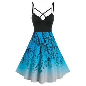 Tree Branch Printed Criss Cross Dress, Deep blue