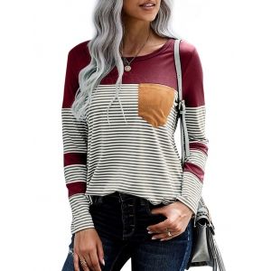 

Front Pocket Stripes Curved Hem Tee, Red