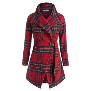 

Plus Size Christmas Checked Long Belted Wrap Coat, Red