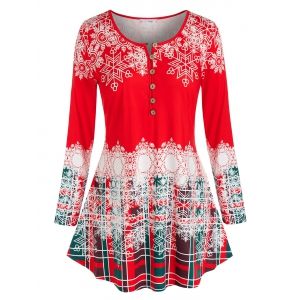 

Plus Size Christmas Snowflake Loop Button Curved Hem Tee, Red
