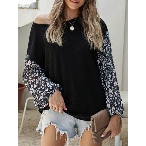 

Tiny Floral Panel Drop Shoulder Combo Knitwear, Black