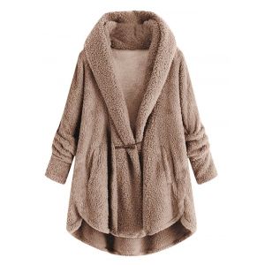 

Plus Size High Low Hooded Faux Fur Coat, Light coffee