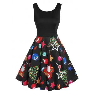 

Santa Claus Star Print Colorblock A Line Dress, Black