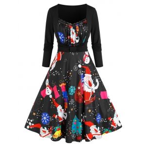 

Plus Size 2 In 1 Santa Print Flare Dress, Red wine