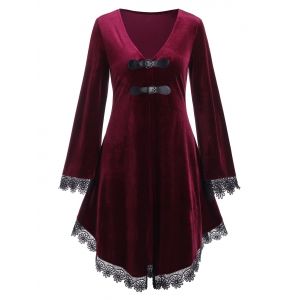 

Lace-up Lace Trim Buckled Velvet Long Top, Deep red