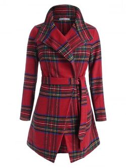 Plus Size Christmas Checked Long Belted Wrap Coat - RED - 3X