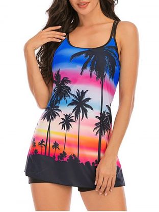 Palm Tree Sunset Print Criss Cross Backless Tankini Swimwear