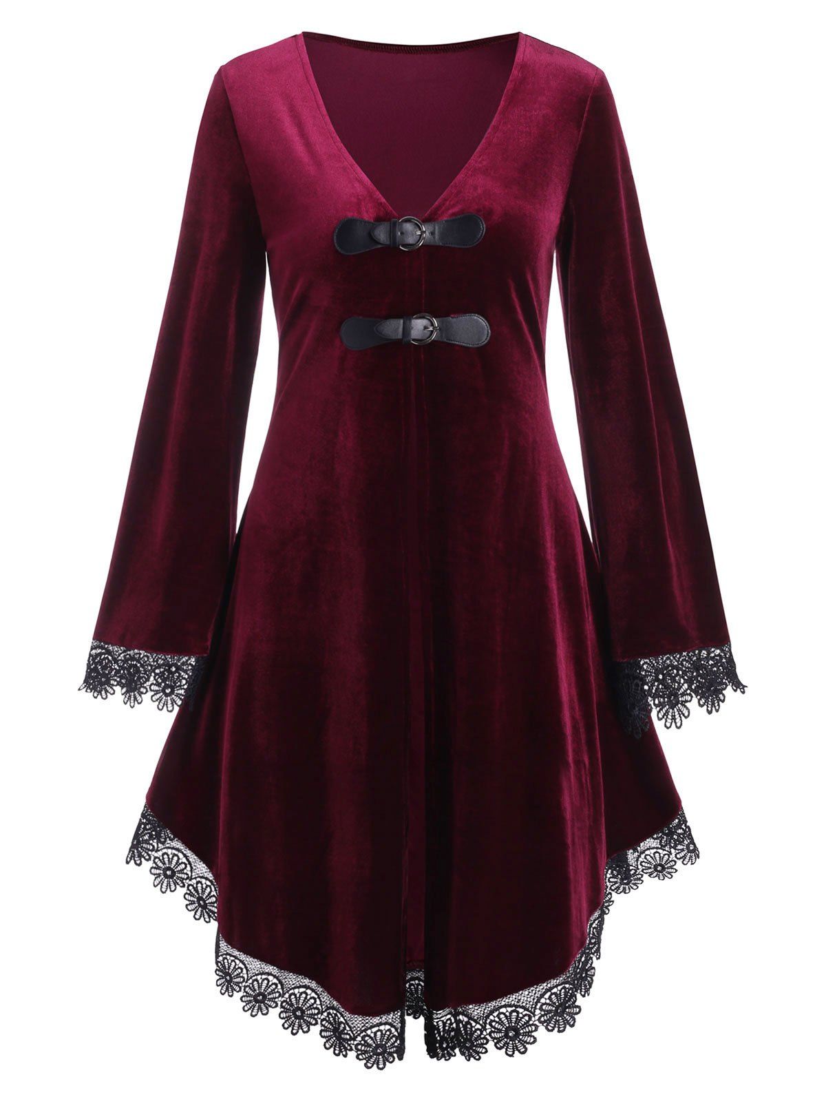 

Lace-up Lace Trim Buckled Velvet Long Top, Deep red