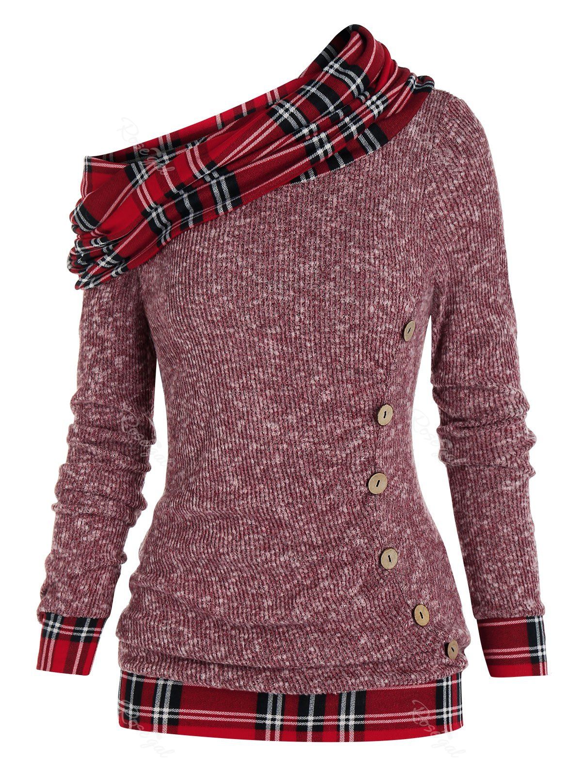 Outfit Skew Neck Plaid Convertible Knitwear  