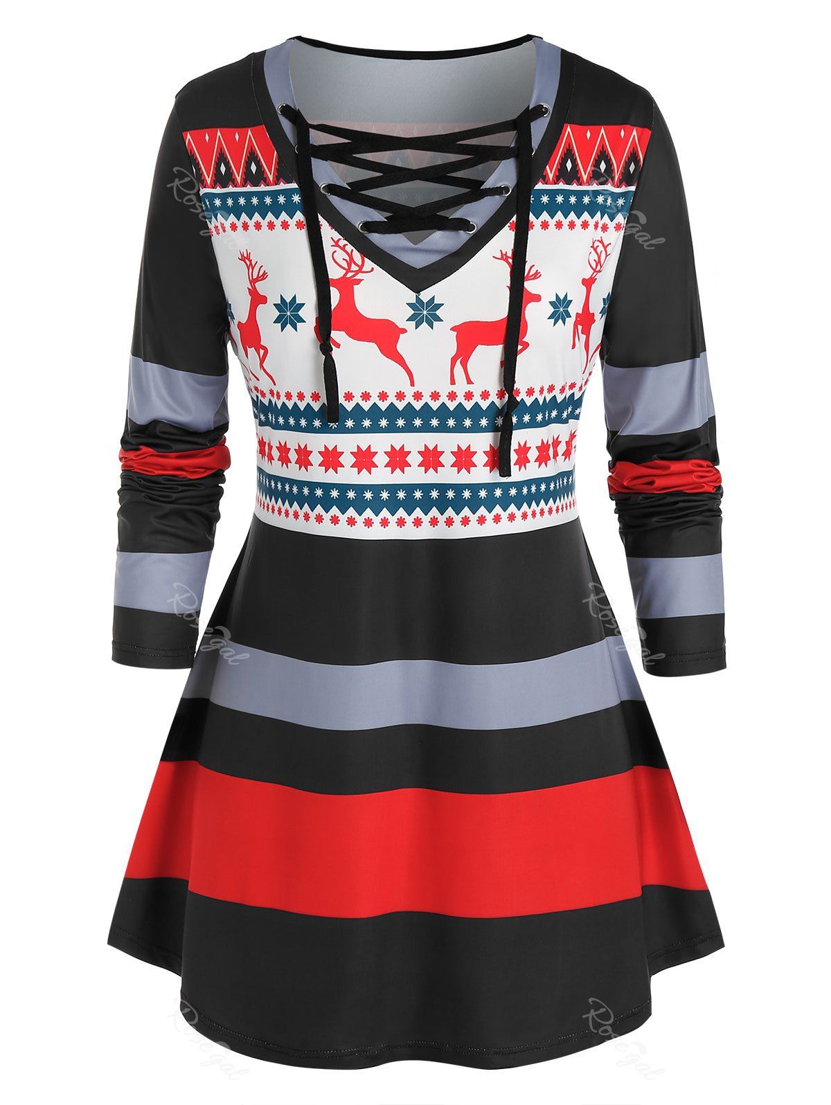 Best Plus Size Christmas Elk Striped Snowflake Lace-up Tunic Tee  
