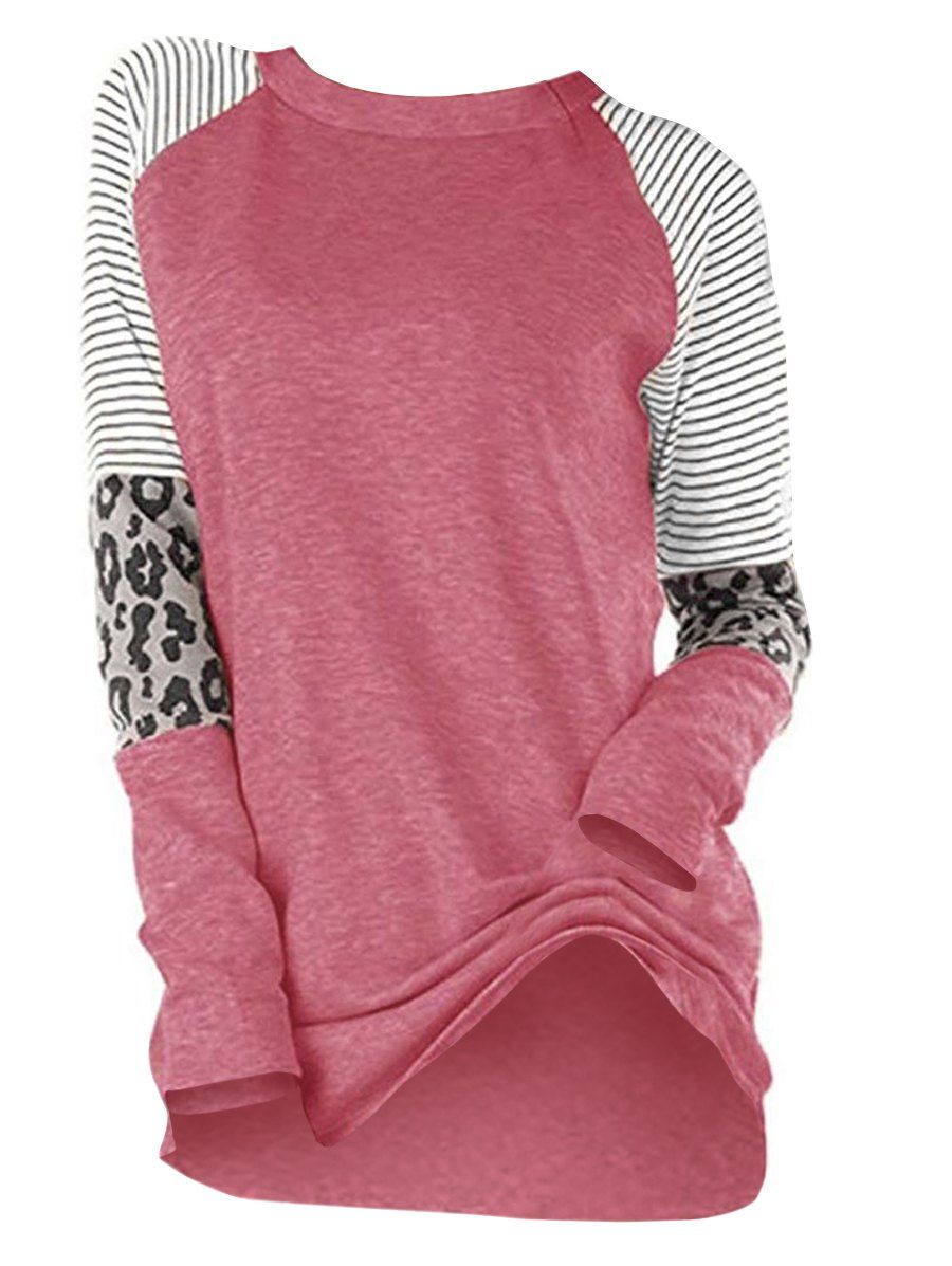 

Stripes Leopard Panel Raglan Sleeve Top, Light pink