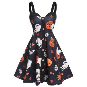 

Halloween Pumpkin Print Mock Button Cami Mini Dress, Black