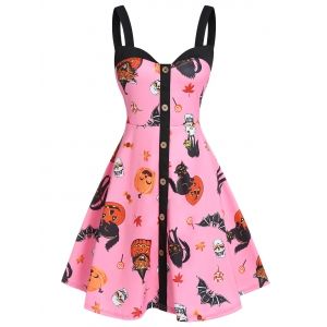 

Halloween Pumpkin Print Mock Button Cami Mini Dress, Pink