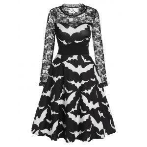 

Halloween Bat Print Sheer Lace Sleeve A Line Dress, Black