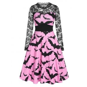 

Halloween Bat Print Sheer Lace Sleeve A Line Dress, Pink