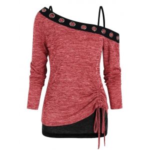 

Cold Shoulder Drawstring Hem Two Piece T Shirt Sets, Red wine