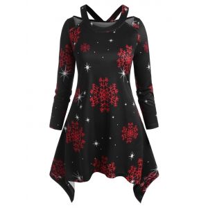 

Plus Size Christmas Cutout Snowflake Print Handkerchief Tee, Black