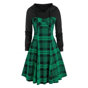 

Plaid Print Hooded Long Sleeve Dress, Green