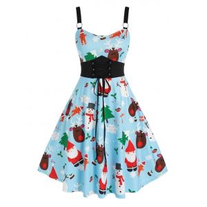 

Plus Size Christmas Elk Santa Claus Lace-up Ring A Line Dress, Baby blue