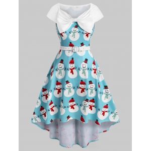 

Plus Size Christmas Bowknot Snowman Print Dress, Blue