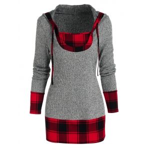 

Drawstring Plaid Insert Hooded Tops, Gray