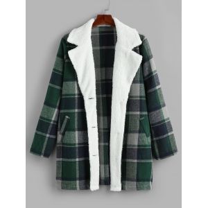 

Plus Size Plaid Faux Fur Pocket Single Breasted Coat, Medium sea green