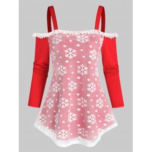 

Christmas Snowflake Lace Cold Shoulder T-shirt, Red