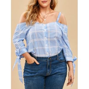 

Plus Size Cold Shoulder Button Checked Up Top, Light blue