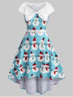 Plus Size Christmas Bowknot Snowman Print Dress - BLUE - 1X