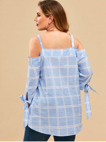 Plus Size Cold Shoulder Button Checked Up Top