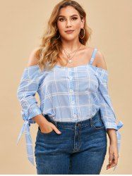 Plus Size Cold Shoulder Button Checked Up Top -  