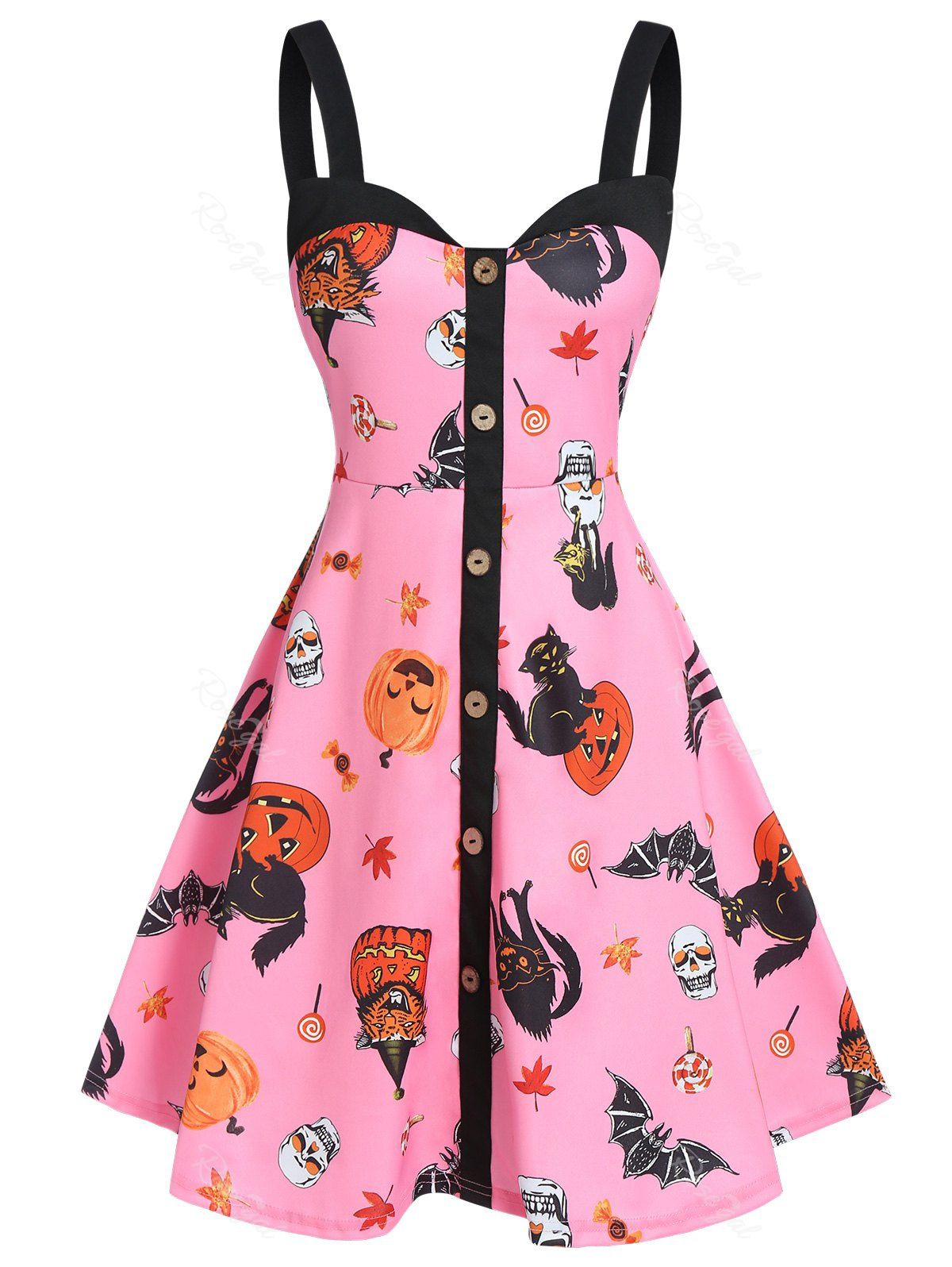 Buy Halloween Pumpkin Print Mock Button Cami Mini Dress  