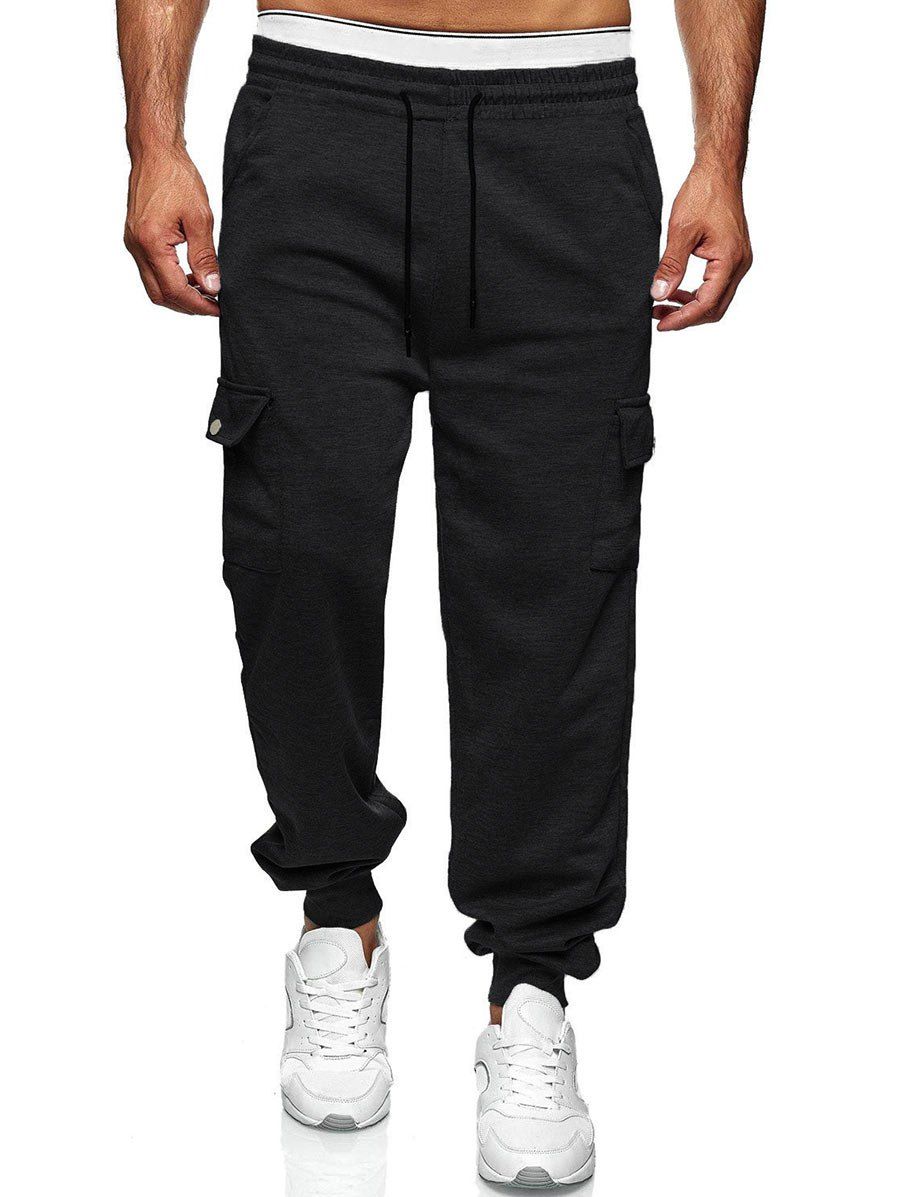 

Drawstring Side Pockets Tapered Casual Pants, Black