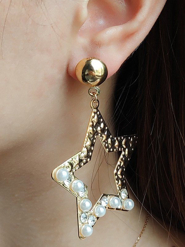 Faux Pearl Rhinestone Star Shape Drop Earring, Golden