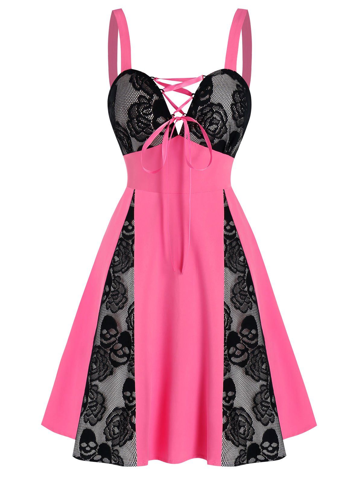 

Bicolor Lace-up Skull Floral Mesh Panel Dress, Pink