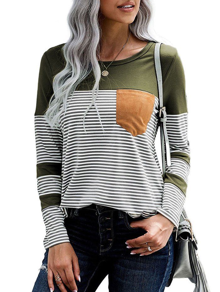 

Front Pocket Stripes Curved Hem Tee, Green